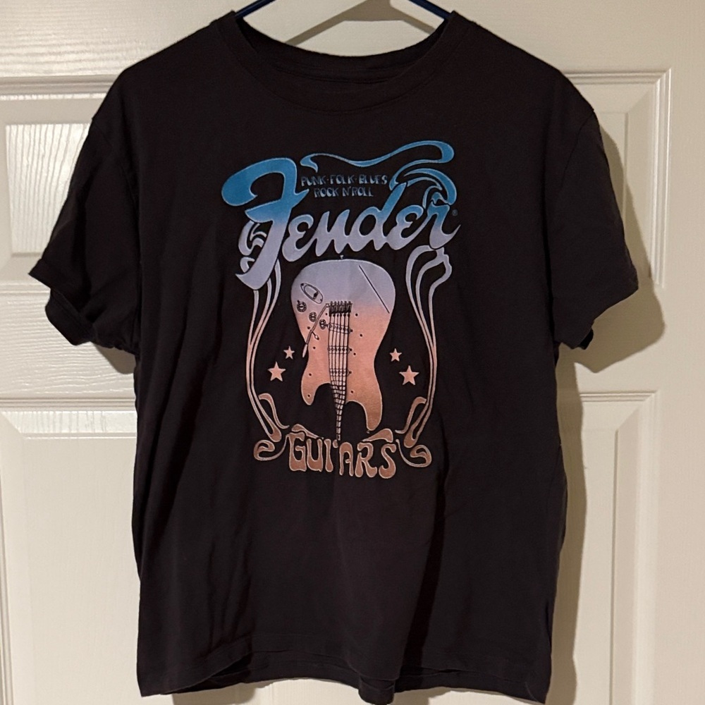 Fender Black Tee with Blue and Pink Guitar Design